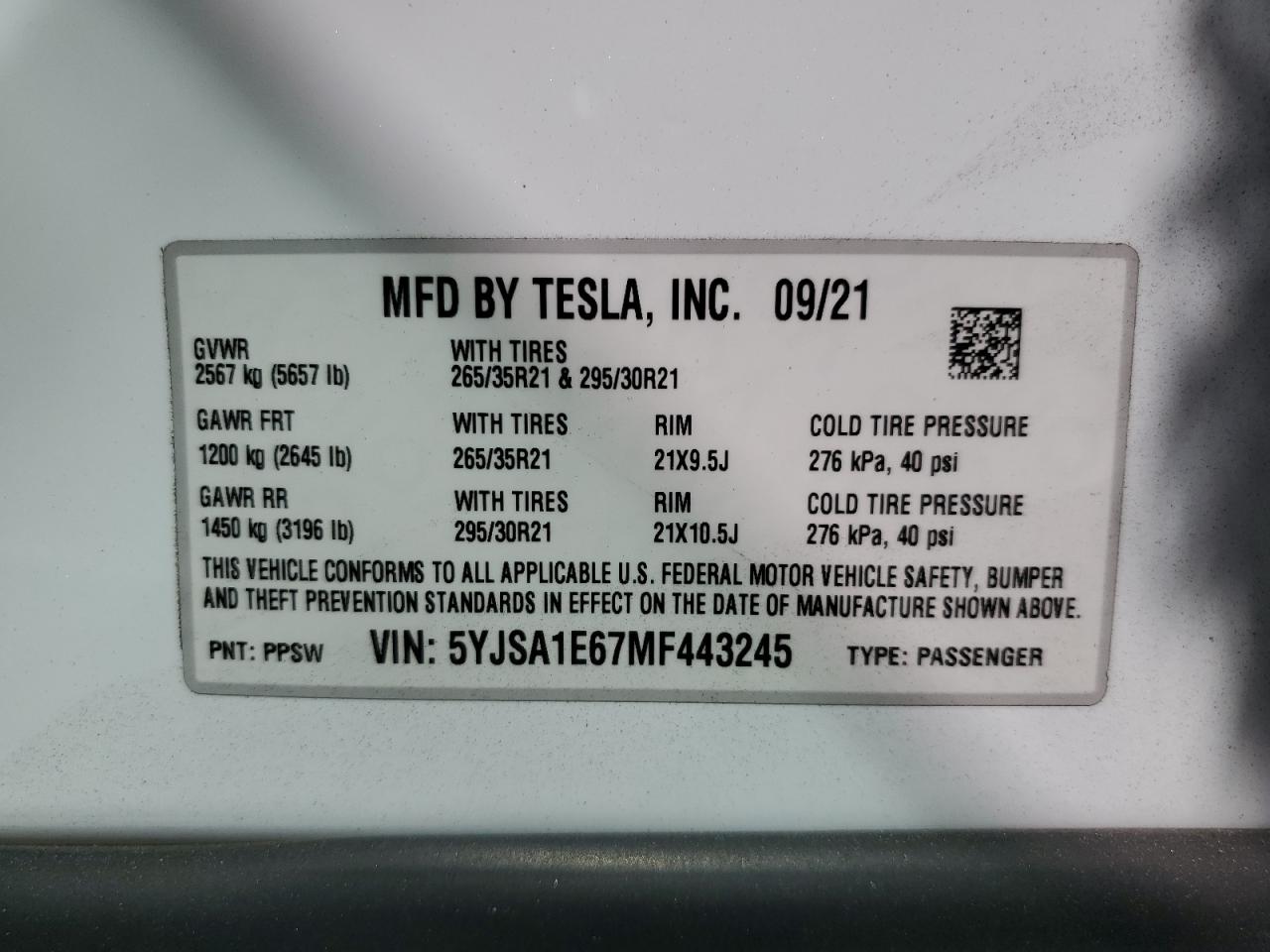 2021 Tesla Model S VIN: 5YJSA1E67MF443245 Lot: 63219435