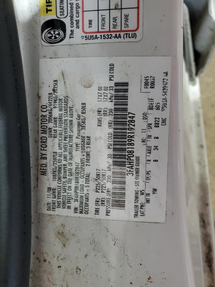 2009 Ford Fusion Sel VIN: 3FAHP08189R192847 Lot: 65135895