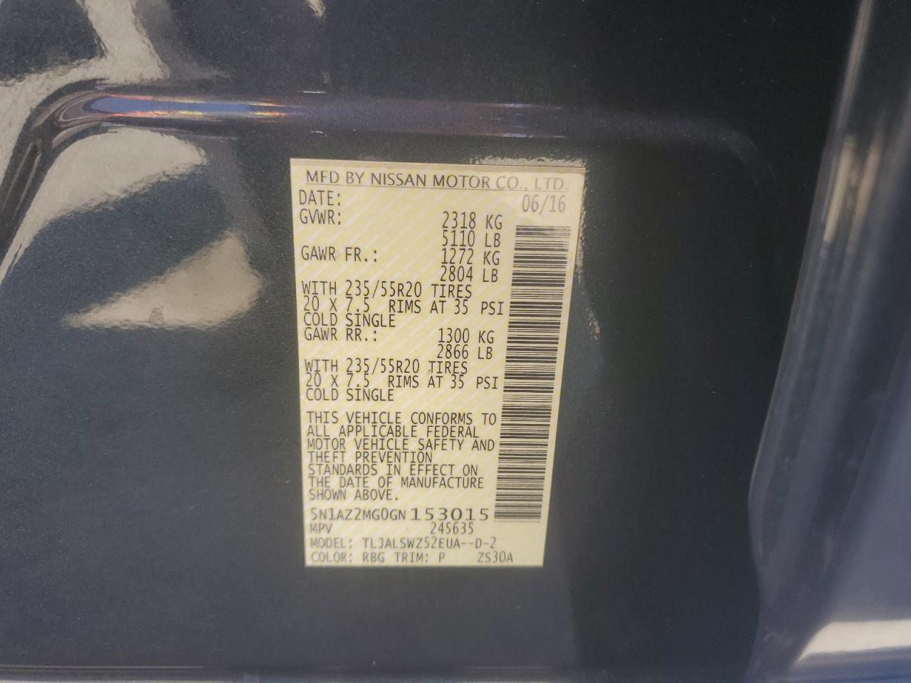2016 Nissan Murano S VIN: 5N1AZ2MG0GN153015 Lot: 63136735