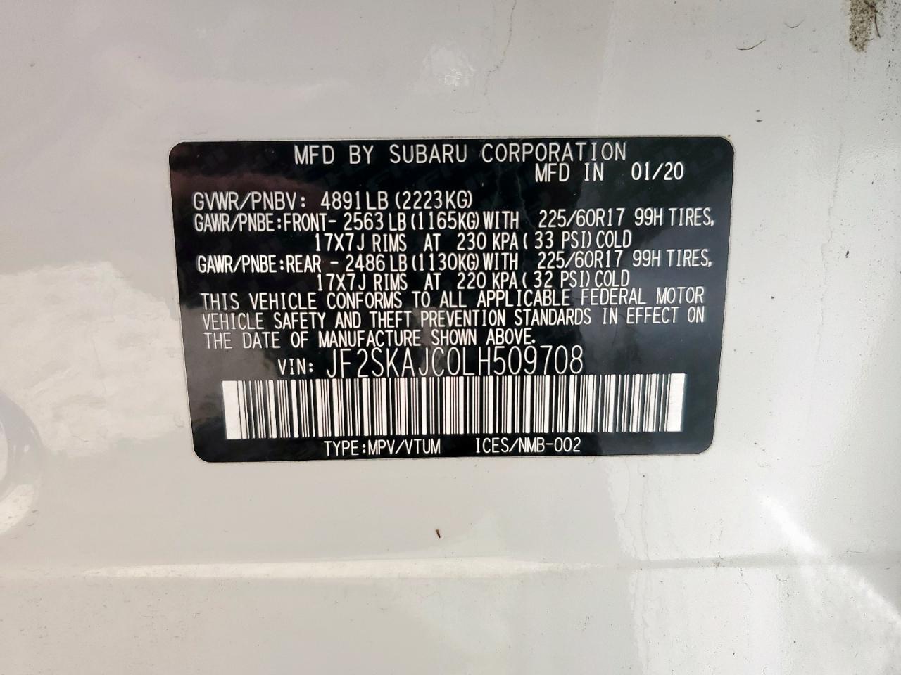 2020 Subaru Forester Premium VIN: JF2SKAJC0LH509708 Lot: 62863445