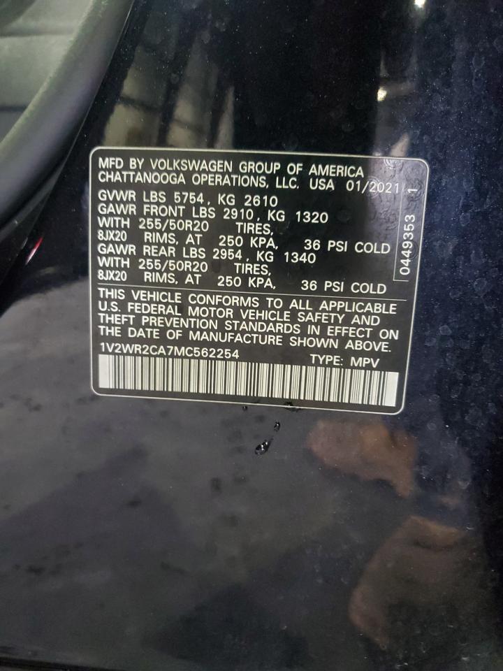 2021 Volkswagen Atlas Se VIN: 1V2WR2CA7MC562254 Lot: 64835685