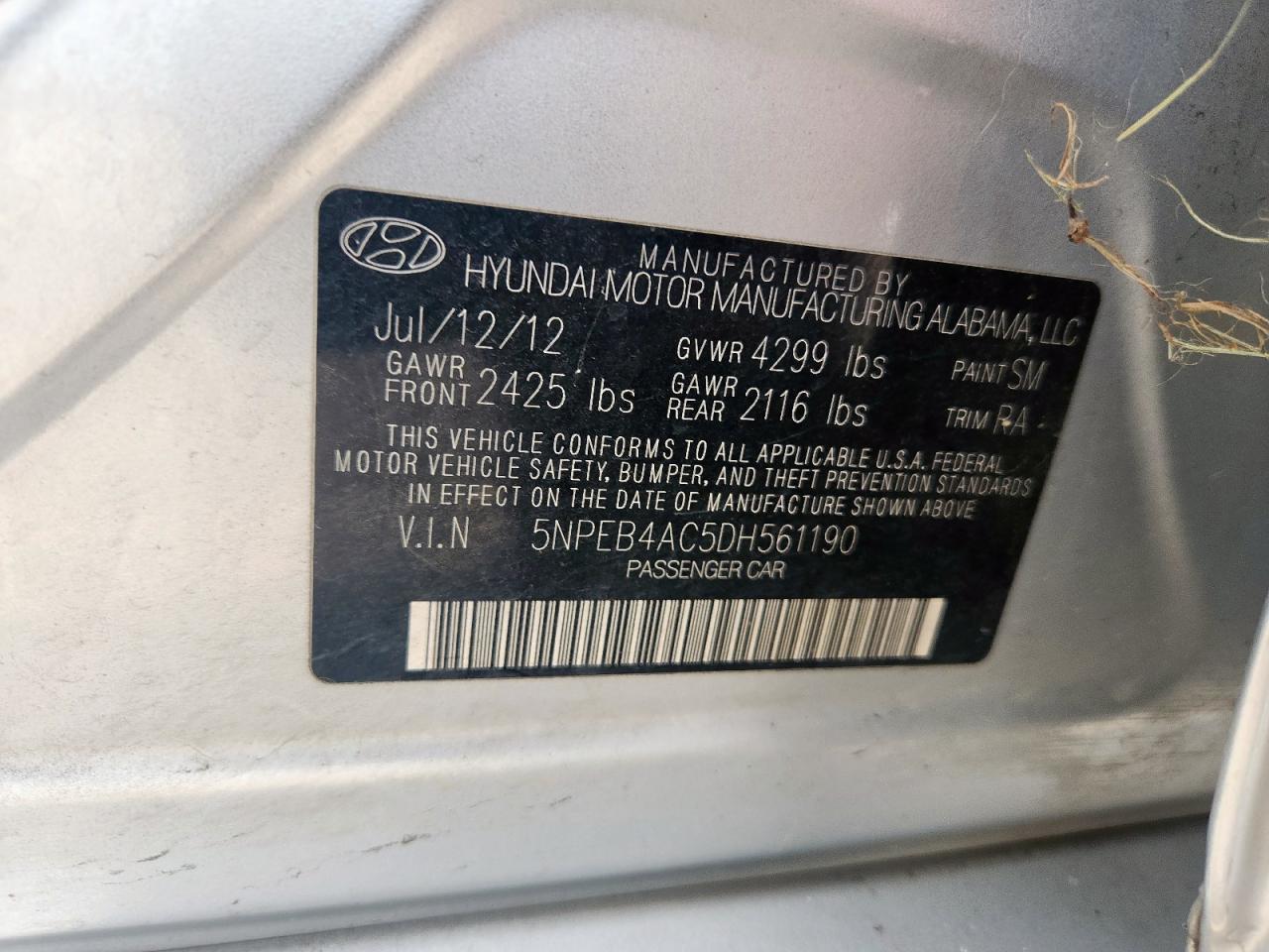 2013 Hyundai Sonata Gls VIN: 5NPEB4AC5DH561190 Lot: 64082925