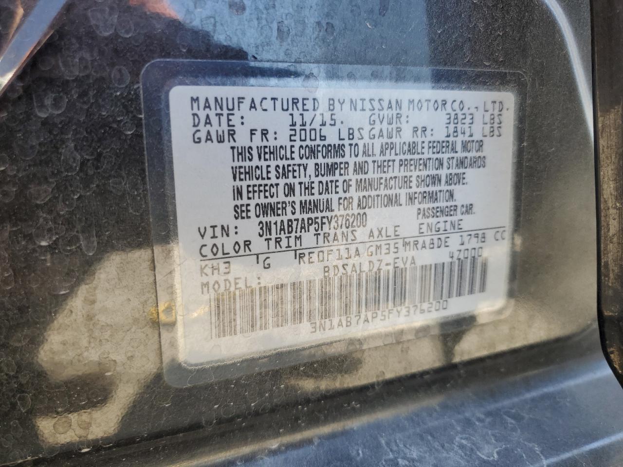 2015 Nissan Sentra S VIN: 3N1AB7AP5FY376200 Lot: 63707205