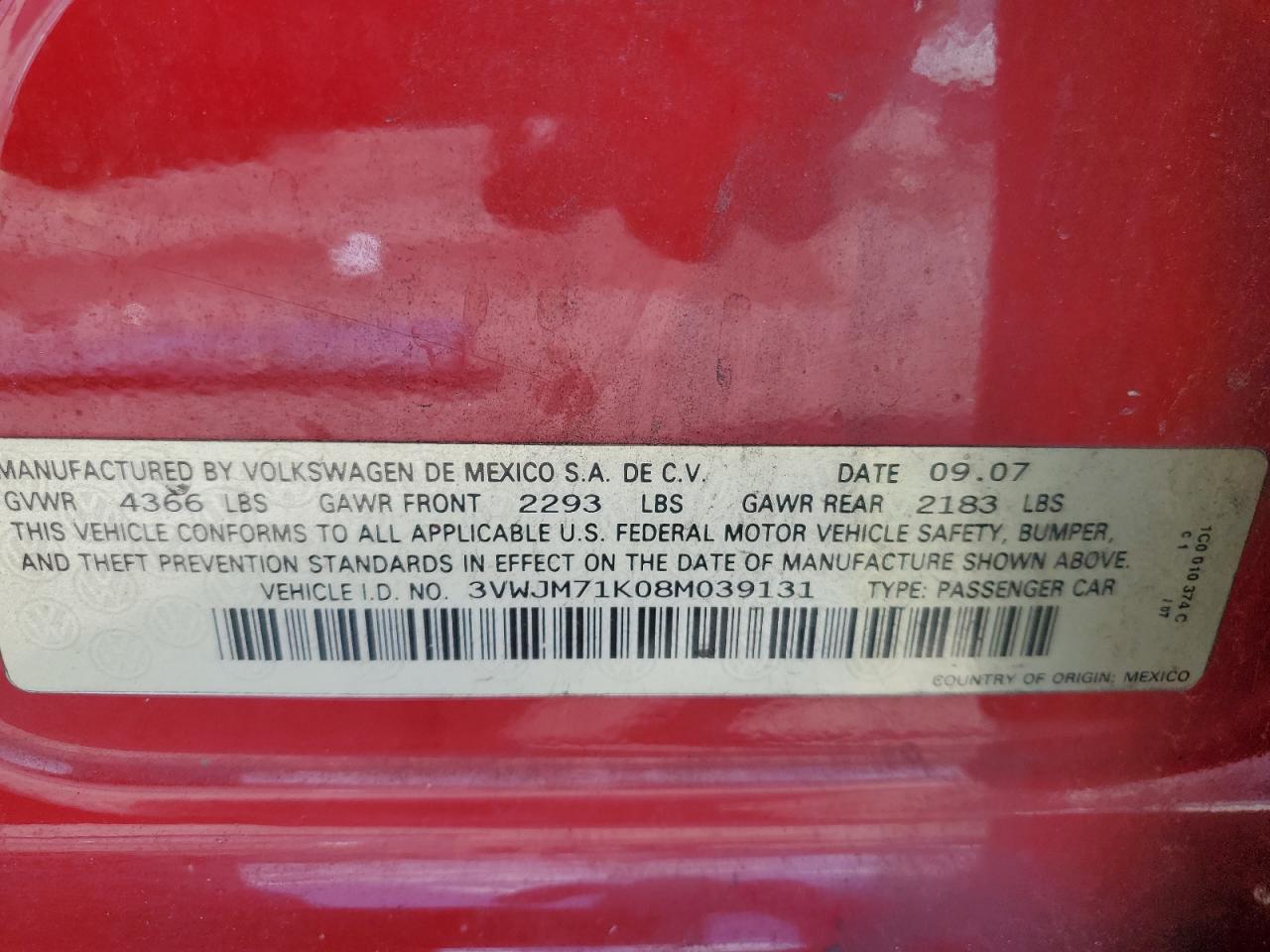 2008 Volkswagen Jetta S VIN: 3VWJM71K08M039131 Lot: 63139405