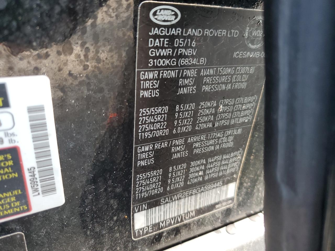 2016 Land Rover Range Rover Sport Sc VIN: SALWR2EF8GA599445 Lot: 62872025