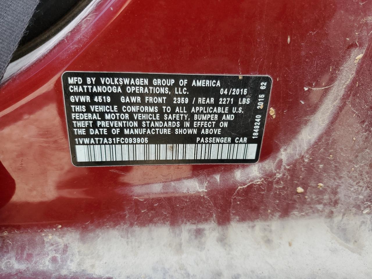 2015 Volkswagen Passat S VIN: 1VWAT7A31FC093905 Lot: 65015515