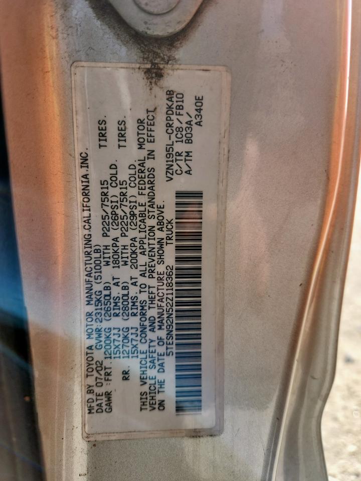 2002 Toyota Tacoma Xtracab Prerunner VIN: 5TESN92N52Z118362 Lot: 63930935