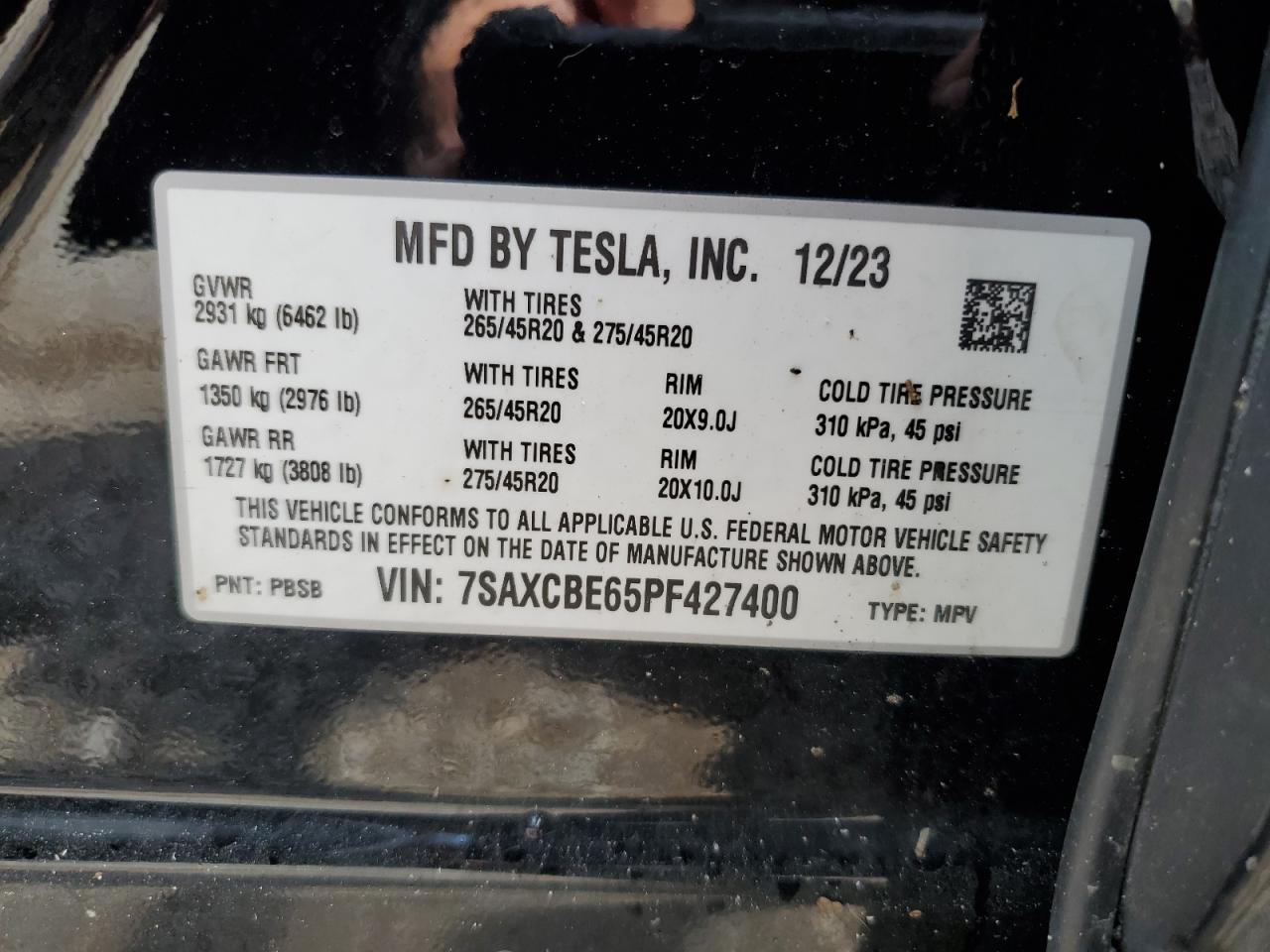 2023 Tesla Model X VIN: 7SAXCBE65PF427400 Lot: 65331215
