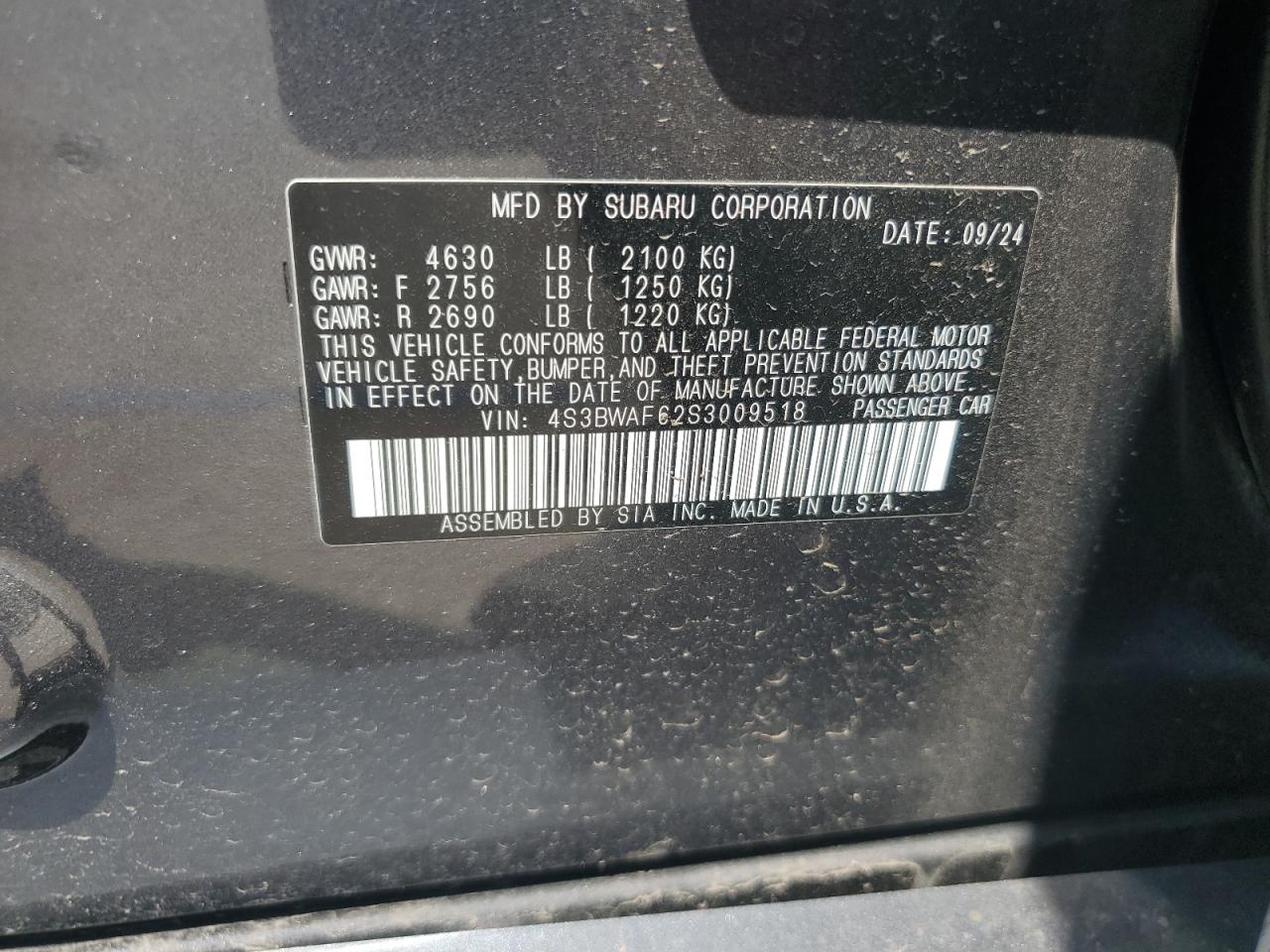 2025 Subaru Legacy Premium VIN: 4S3BWAF62S3009518 Lot: 64740815