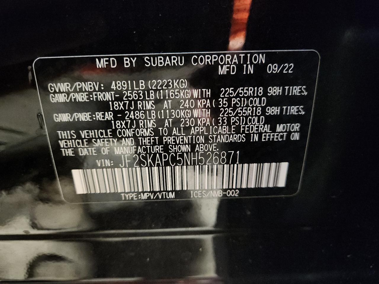 2022 Subaru Forester Limited VIN: JF2SKAPC5NH526871 Lot: 64047515