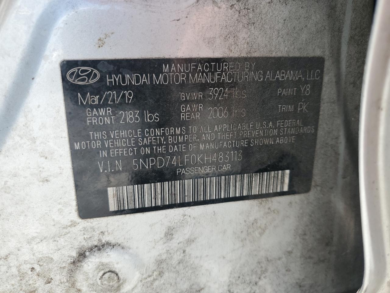 2019 Hyundai Elantra Se VIN: 5NPD74LF0KH483113 Lot: 64506395