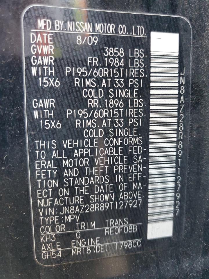 2009 Nissan Cube Base VIN: JN8AZ28R89T127927 Lot: 63294085
