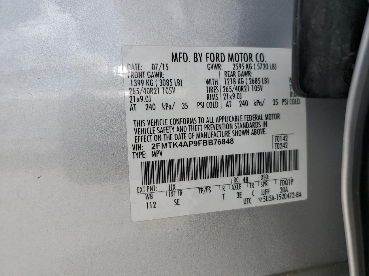 2015 Ford Edge Sport VIN: 2FMTK4AP9FBB76848 Lot: 65323815