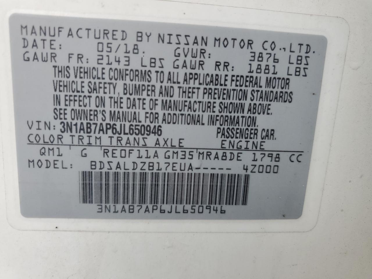 2018 Nissan Sentra S VIN: 3N1AB7AP6JL650946 Lot: 65406915