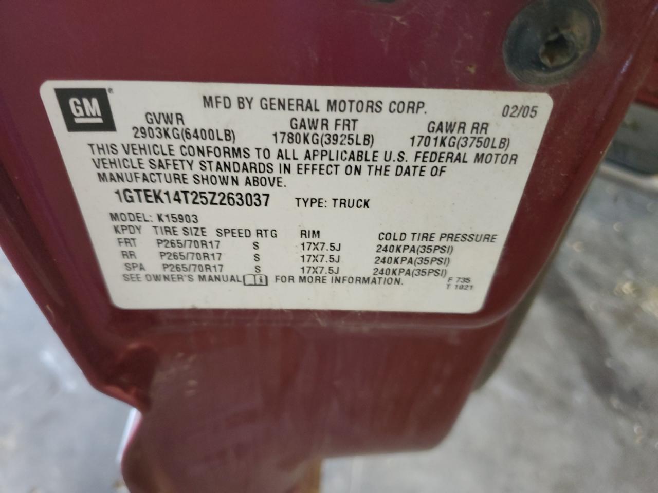 2005 GMC New Sierra K1500 VIN: 1GTEK14T25Z263037 Lot: 63110765