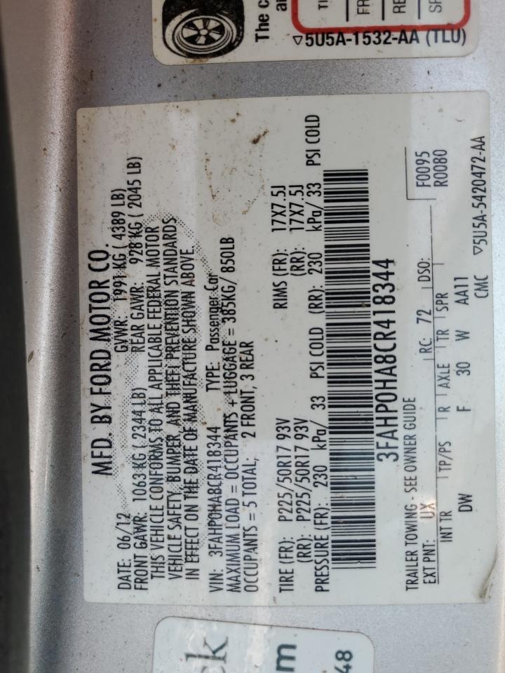 2012 Ford Fusion Se VIN: 3FAHP0HA8CR418344 Lot: 65070225