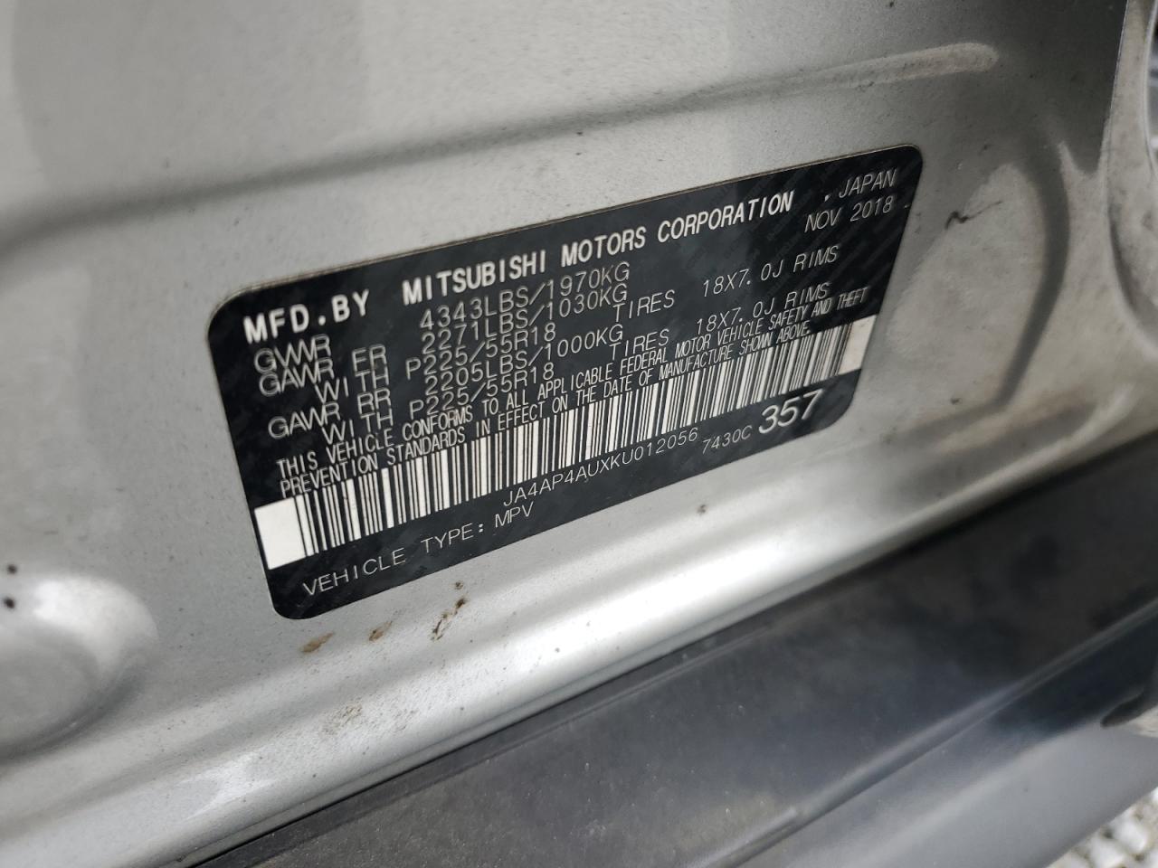 2019 Mitsubishi Outlander Sport Se VIN: JA4AP4AUXKU012056 Lot: 64604235