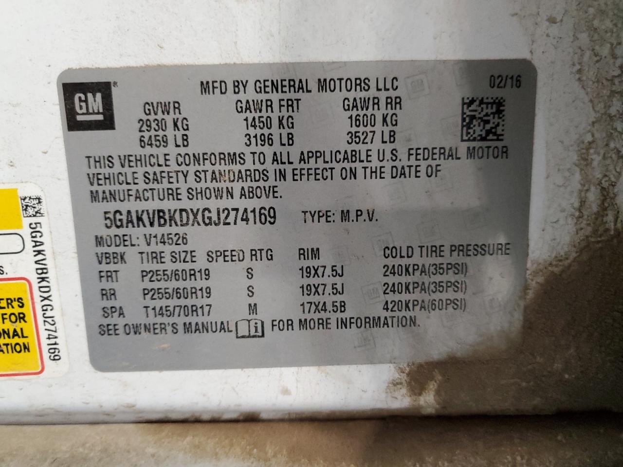 2016 Buick Enclave VIN: 5GAKVBKDXGJ274169 Lot: 62119205