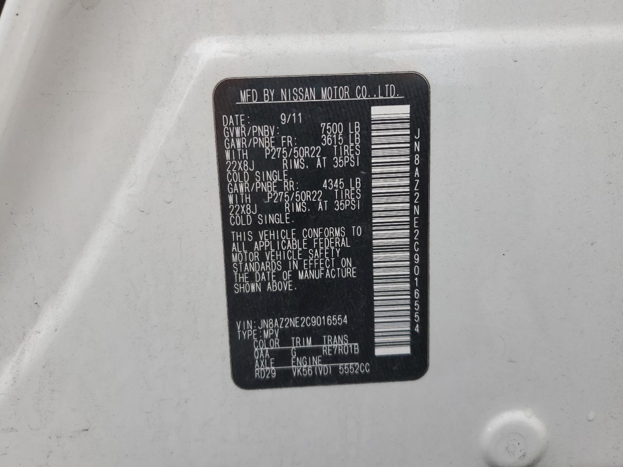 2012 Infiniti Qx56 VIN: JN8AZ2NE2C9016554 Lot: 63281915