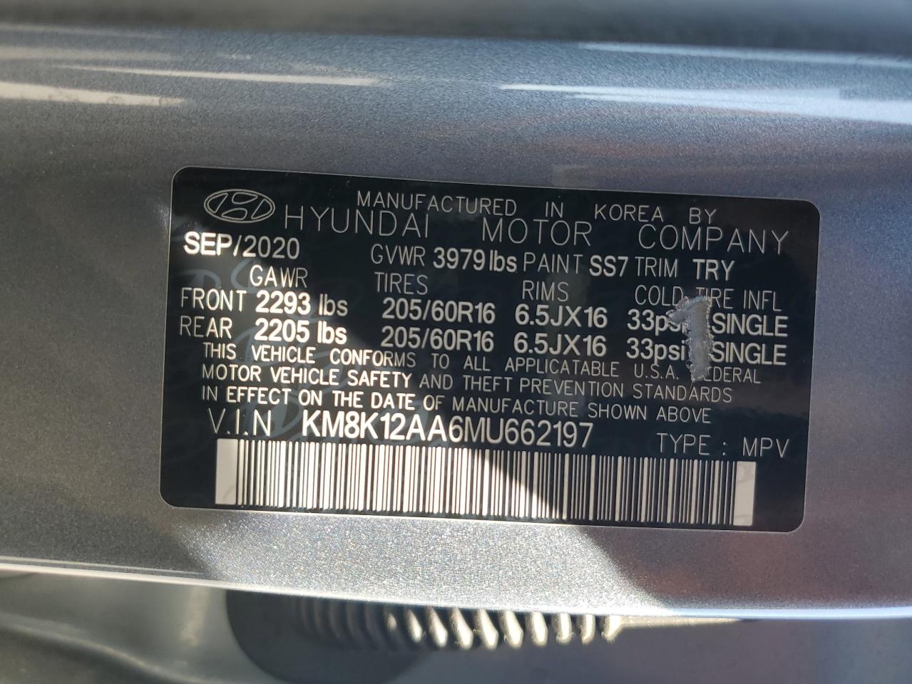 2021 Hyundai Kona Se VIN: KM8K12AA6MU662197 Lot: 64326915