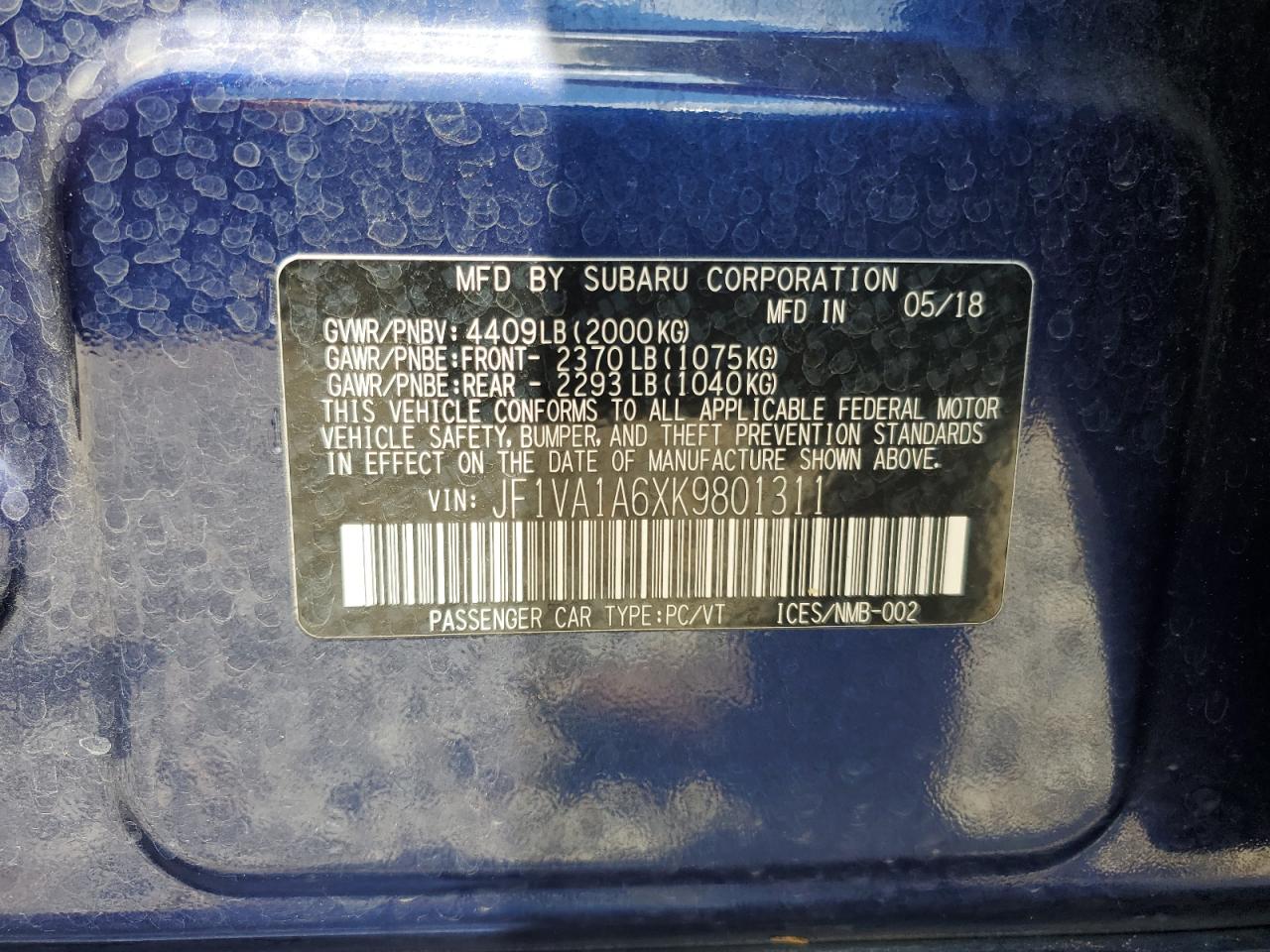2019 Subaru Wrx VIN: JF1VA1A6XK9801311 Lot: 64572415