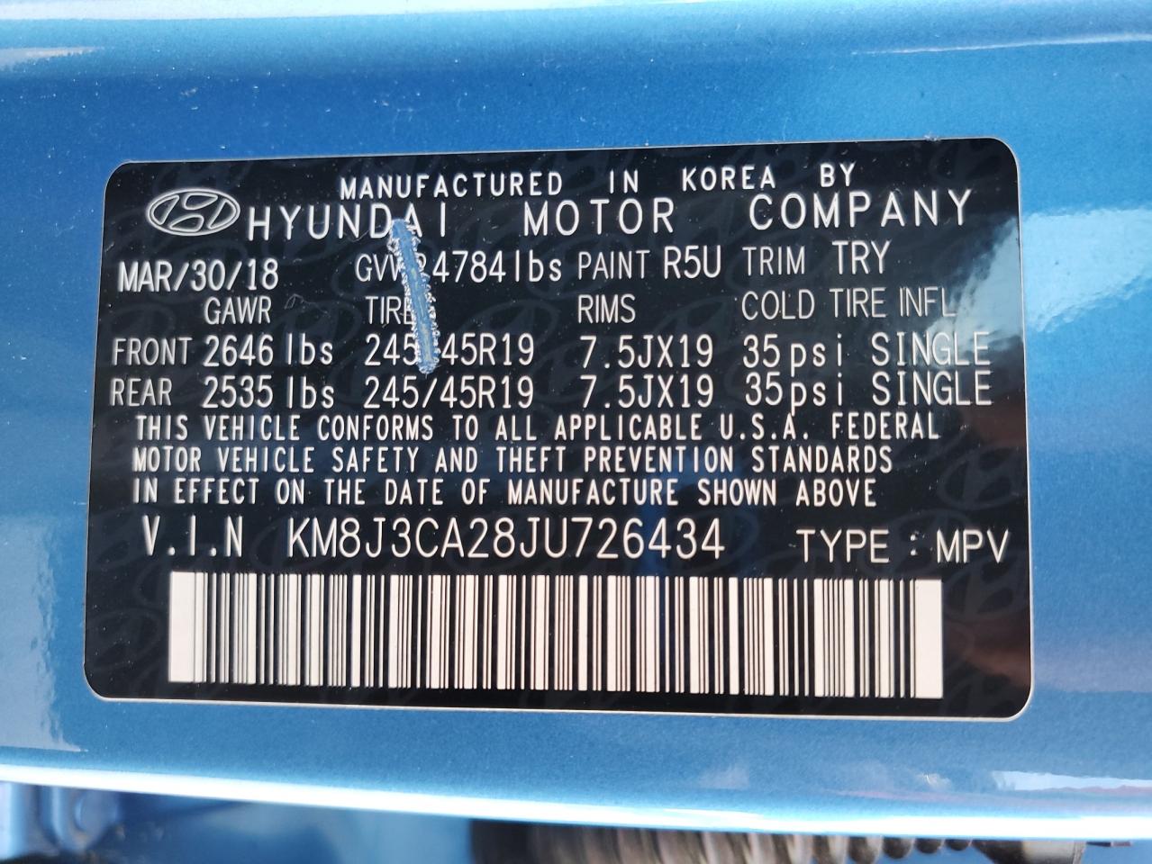 2018 Hyundai Tucson Value VIN: KM8J3CA28JU726434 Lot: 63189725