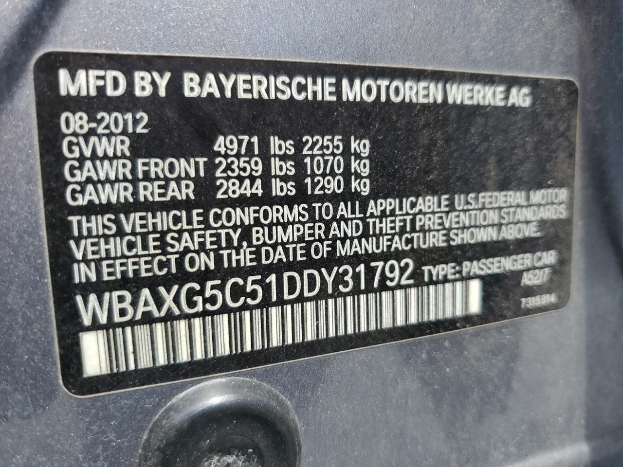 2013 BMW 528 I VIN: WBAXG5C51DDY31792 Lot: 65033705