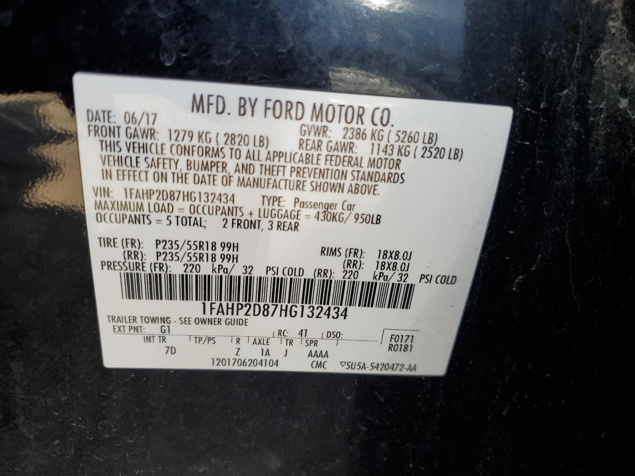 2017 Ford Taurus Se VIN: 1FAHP2D87HG132434 Lot: 63860055