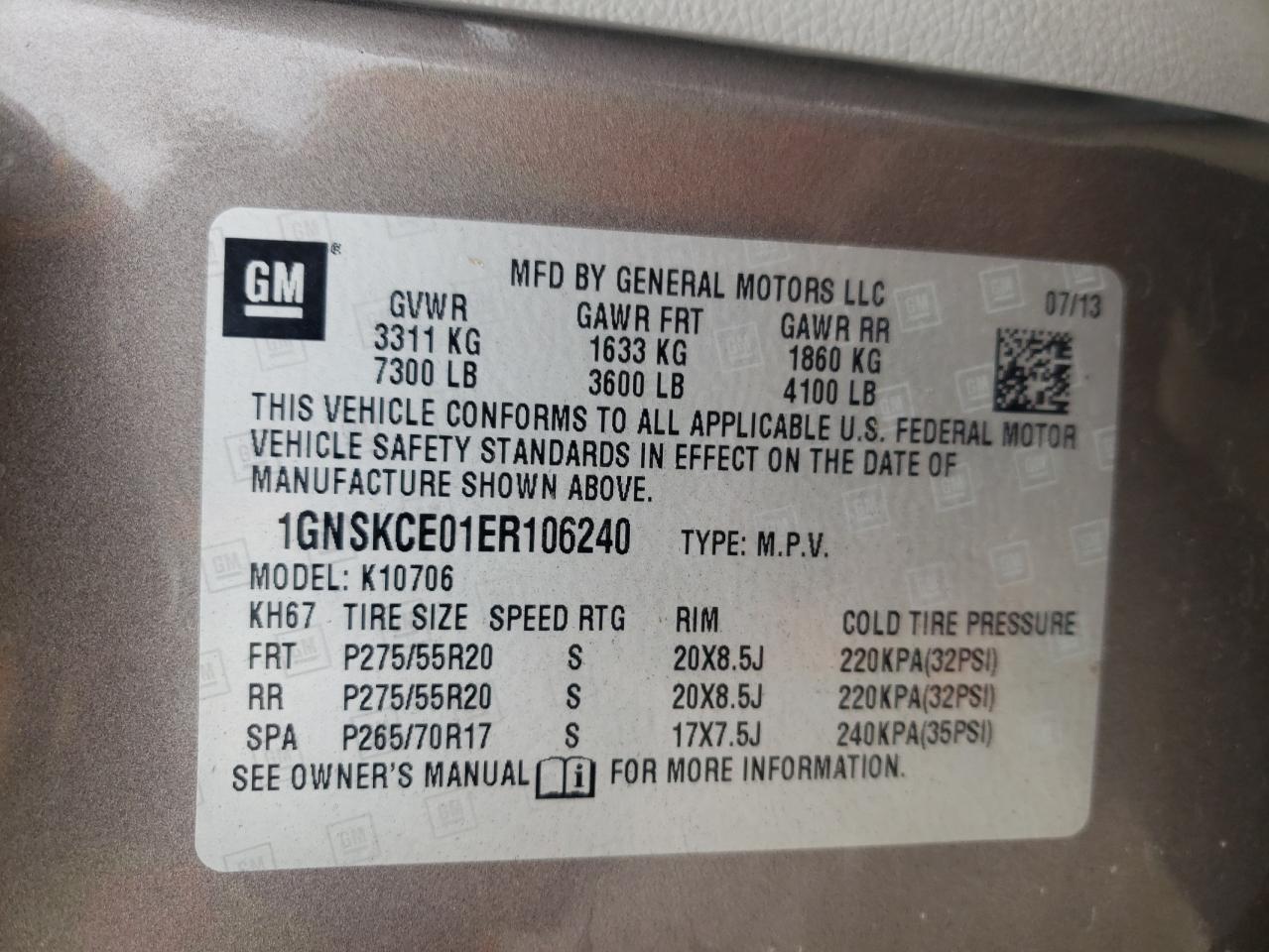 2014 Chevrolet Tahoe K1500 Ltz VIN: 1GNSKCE01ER106240 Lot: 64943285