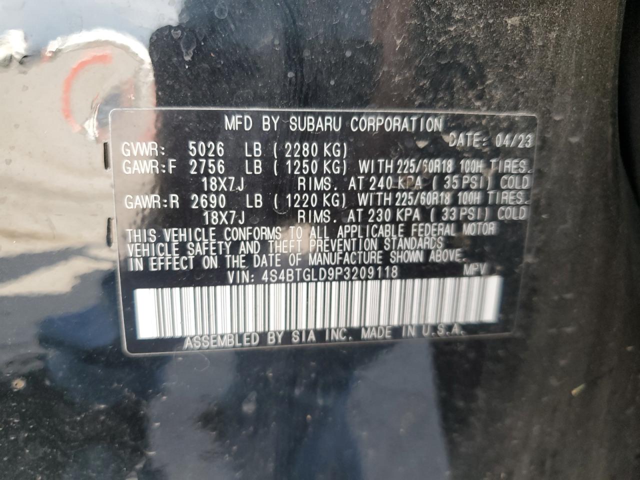 2023 Subaru Outback Onyx Edition Xt VIN: 4S4BTGLD9P3209118 Lot: 64680285