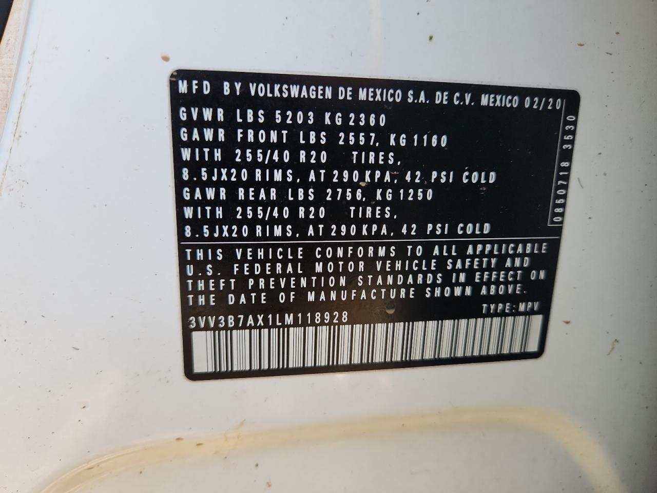 2020 Volkswagen Tiguan Se VIN: 3VV3B7AX1LM118928 Lot: 65348265