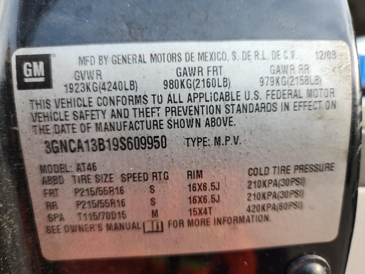 2009 Chevrolet Hhr Ls VIN: 3GNCA13B19S609950 Lot: 63182915