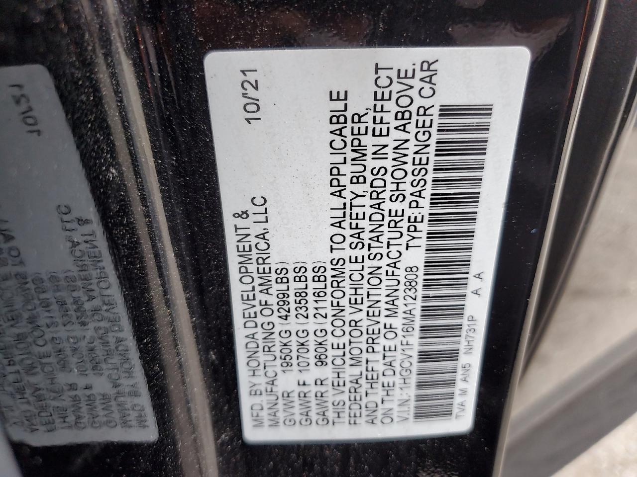 2021 Honda Accord Lx VIN: 1HGCV1F16MA123808 Lot: 64057325