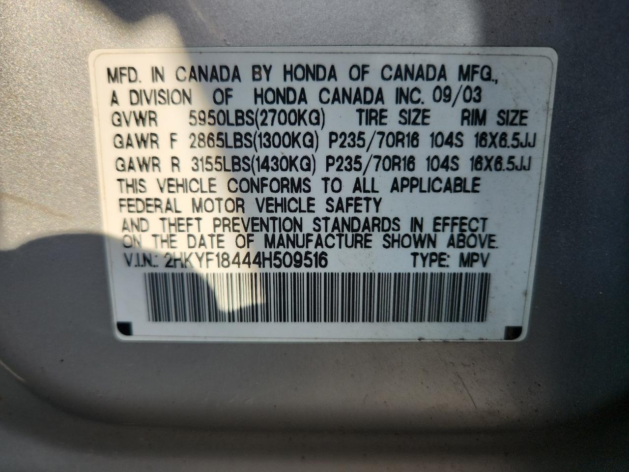 2004 Honda Pilot Ex VIN: 2HKYF18444H509516 Lot: 66403945