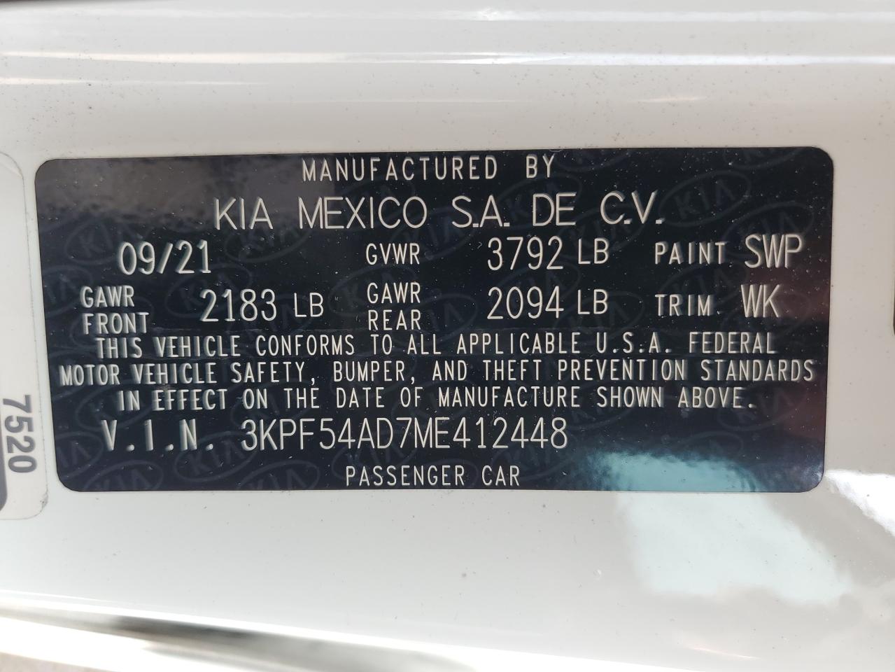 3KPF54AD7ME412448 2021 Kia Forte Ex
