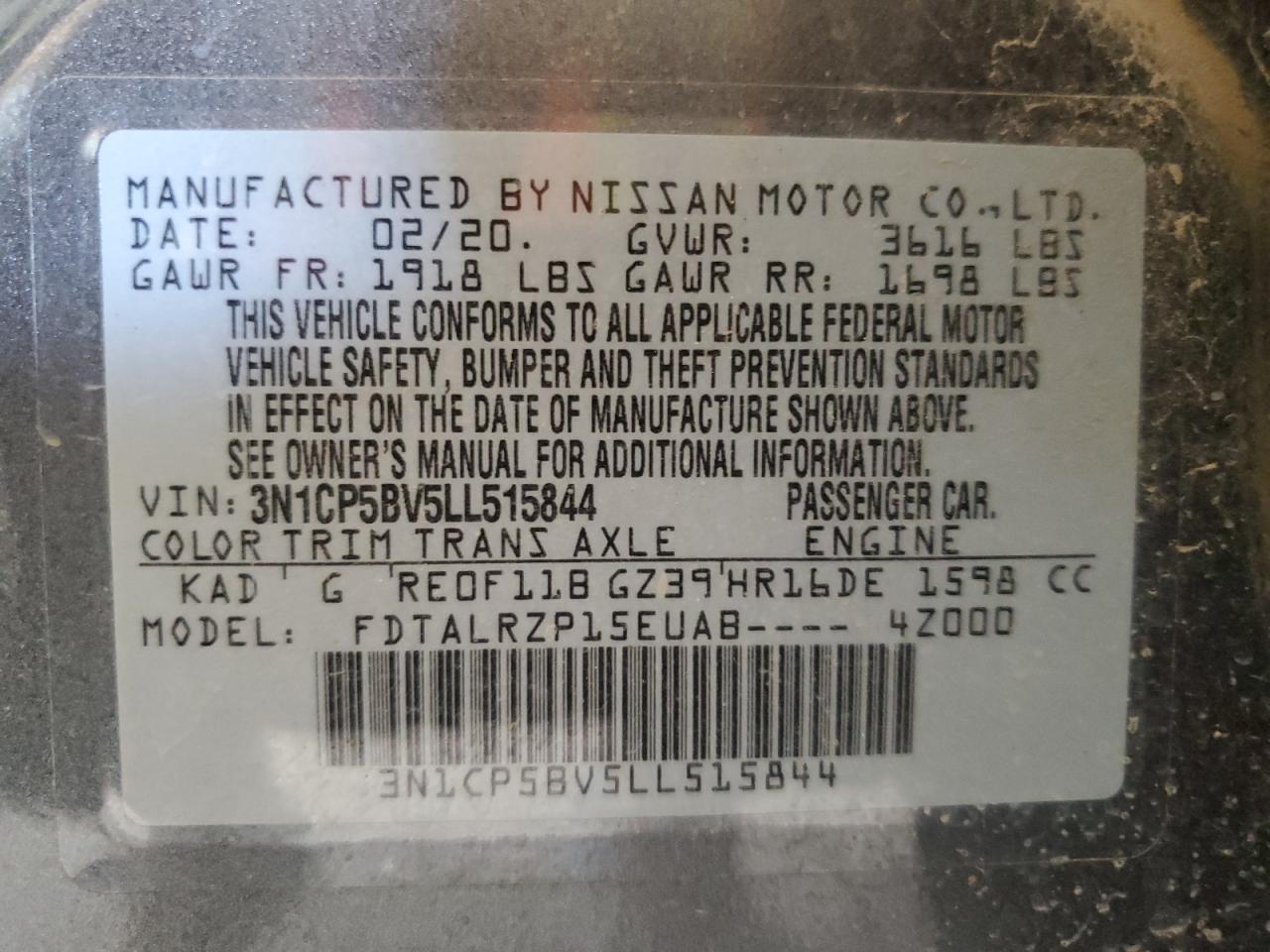 2020 Nissan Kicks S VIN: 3N1CP5BV5LL515844 Lot: 63527835
