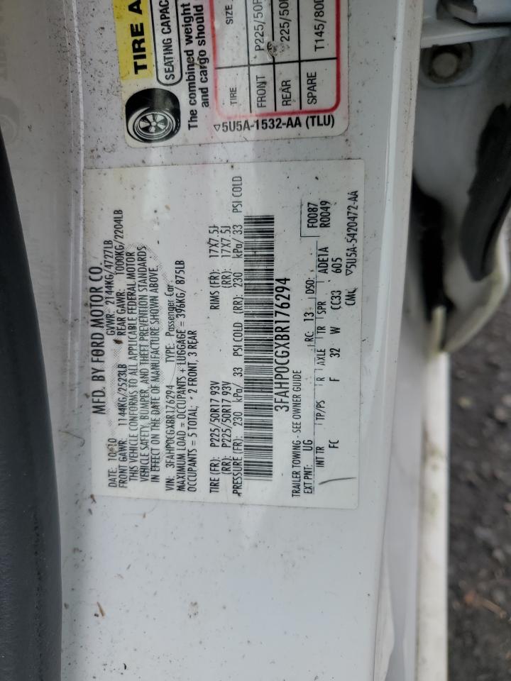2011 Ford Fusion Sel VIN: 3FAHP0CGXBR176294 Lot: 65420275