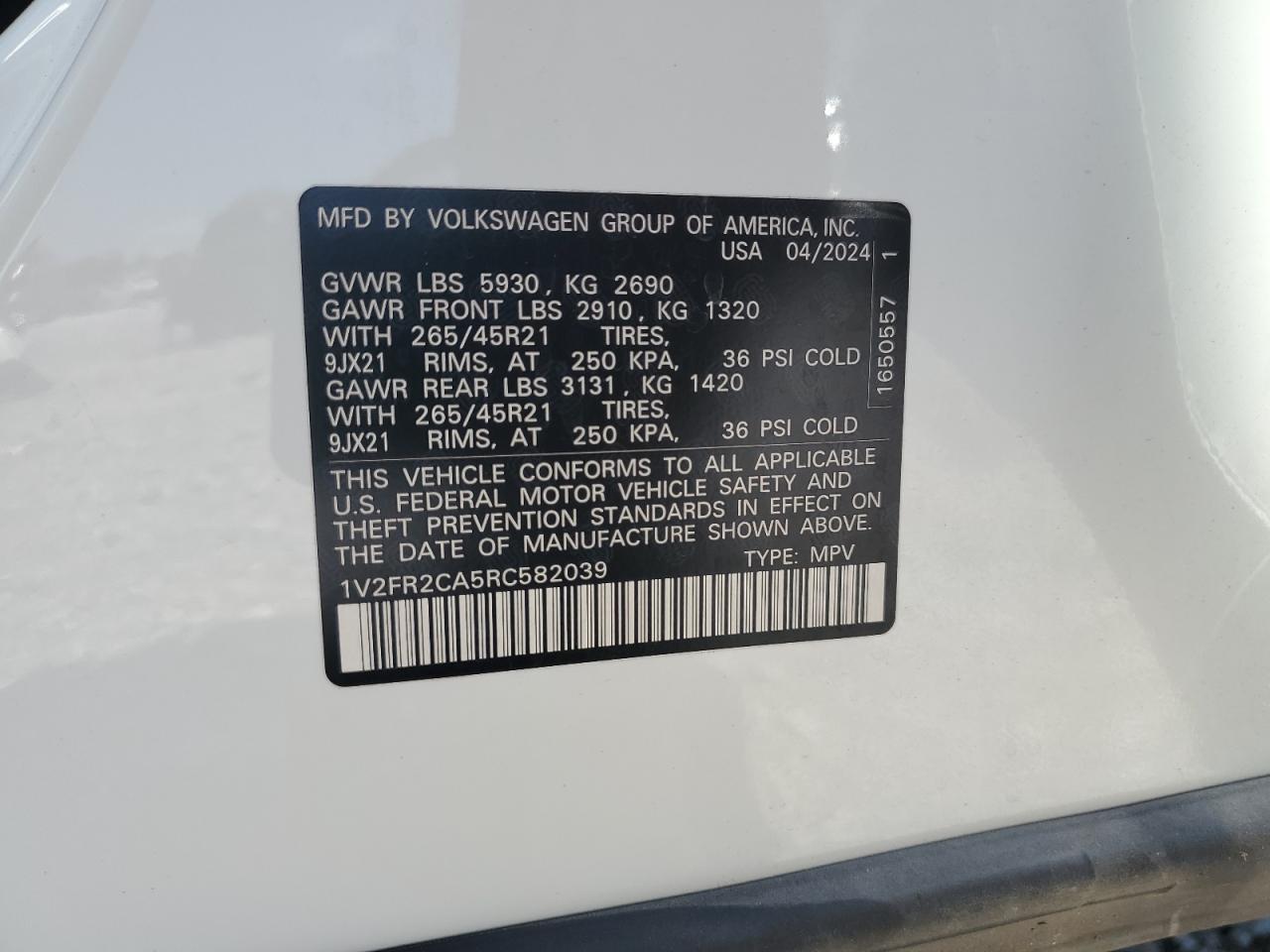 2024 Volkswagen Atlas Sel Premium R-Line VIN: 1V2FR2CA5RC582039 Lot: 66182165