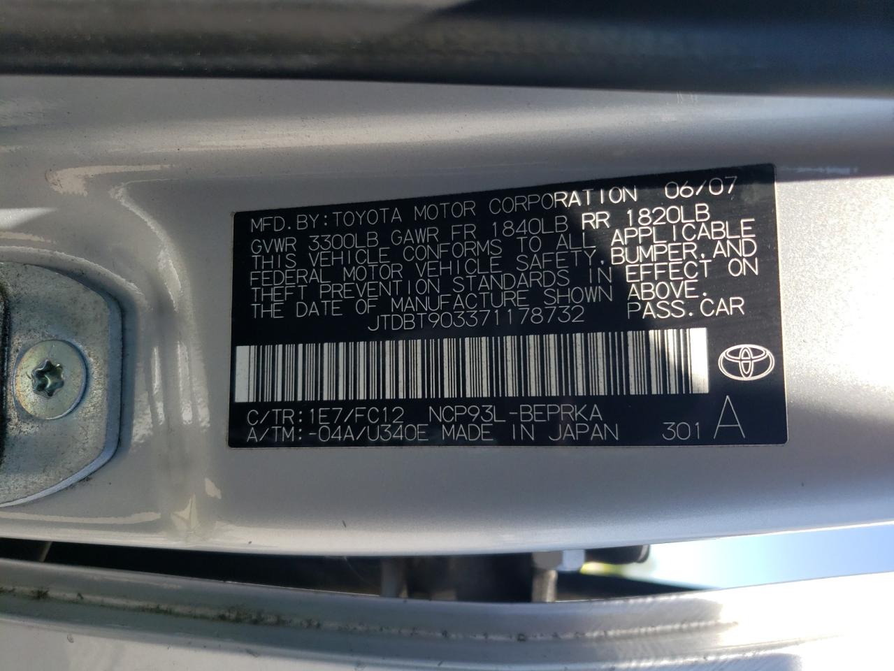 2007 Toyota Yaris VIN: JTDBT903371178732 Lot: 62795485
