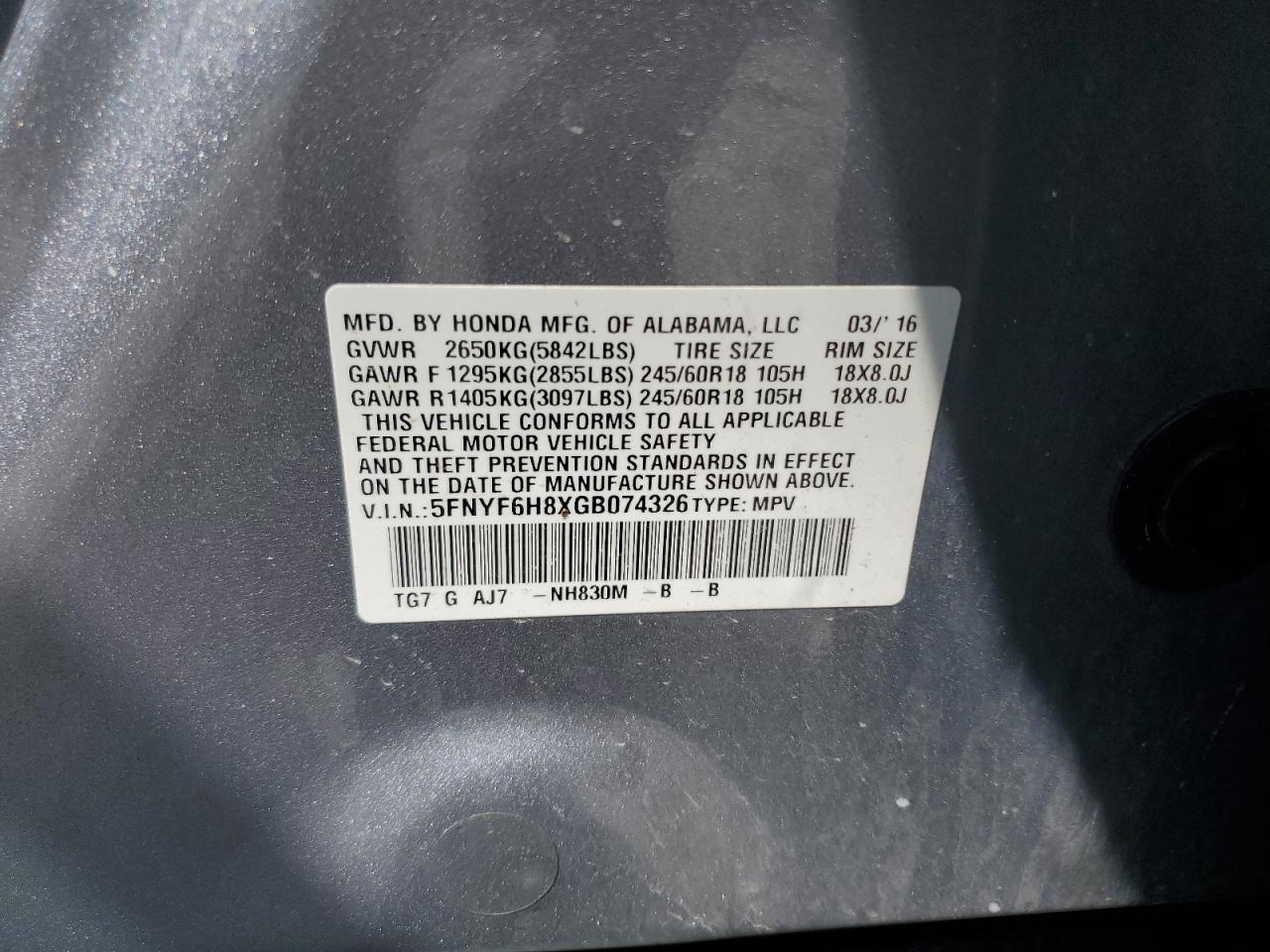 2016 Honda Pilot Exl VIN: 5FNYF6H8XGB074326 Lot: 62859405