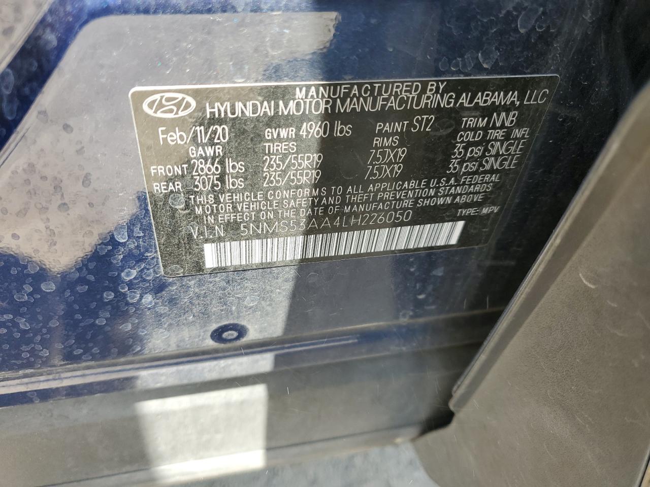2020 Hyundai Santa Fe Limited VIN: 5NMS53AA4LH226050 Lot: 63052165