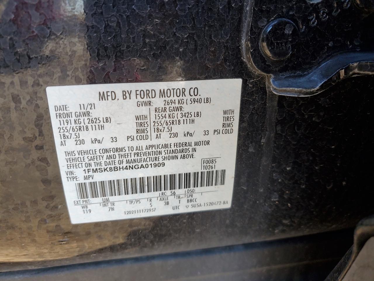 2022 Ford Explorer VIN: 1FMSK8BH4NGA01909 Lot: 63503905
