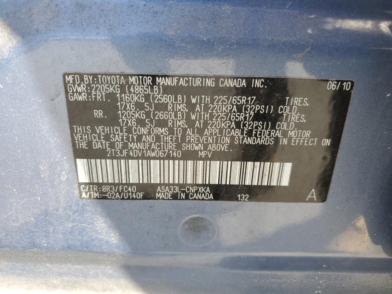 2010 Toyota Rav4 VIN: 2T3JF4DV1AW067140 Lot: 65529905