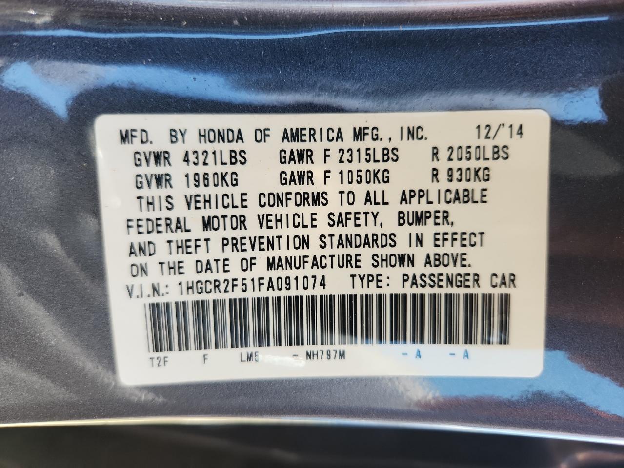 2015 Honda Accord Sport VIN: 1HGCR2F51FA091074 Lot: 65279035