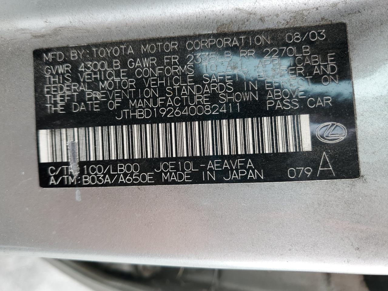 2004 Lexus Is 300 VIN: JTHBD192640082411 Lot: 65080785