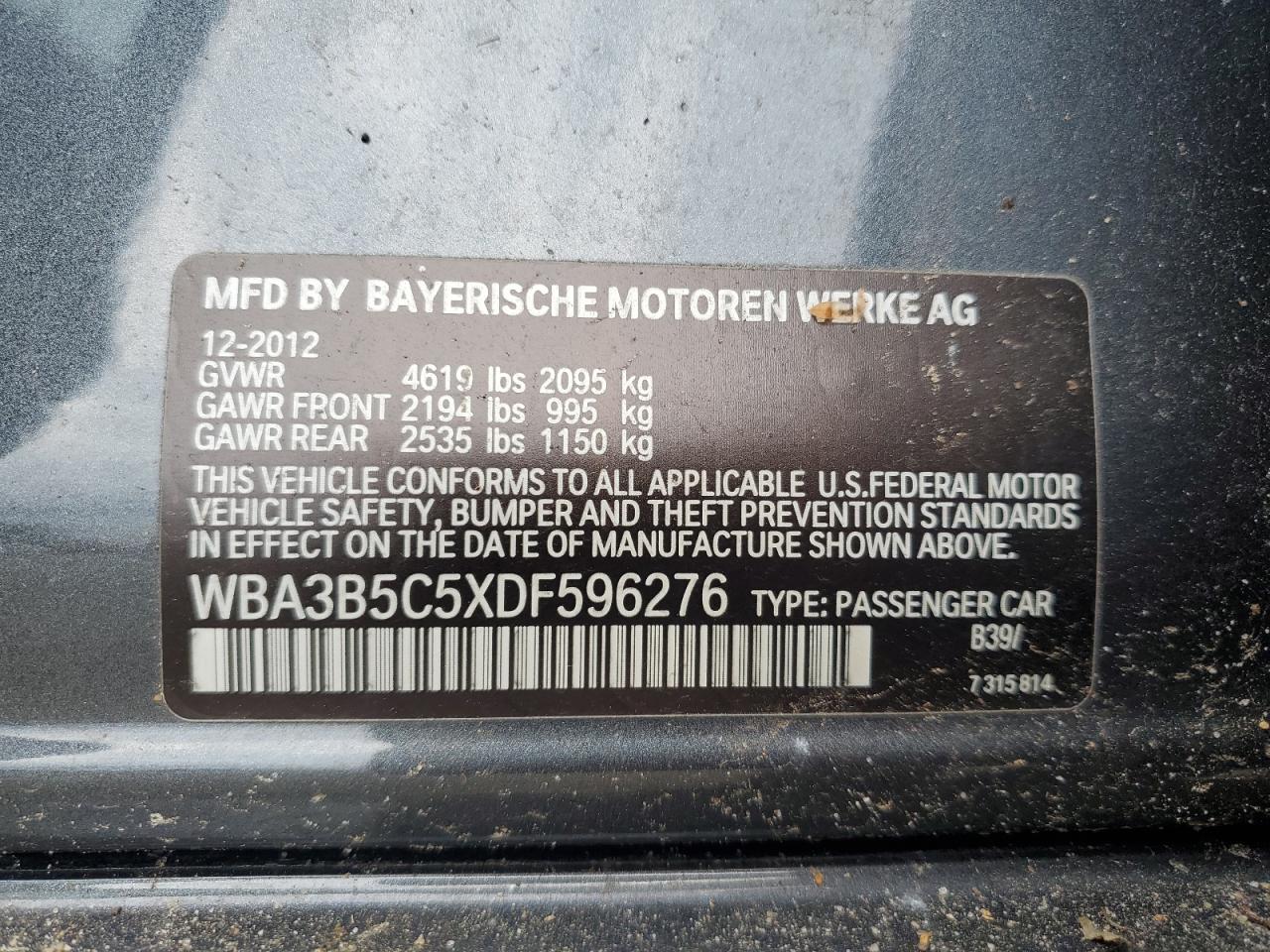 2013 BMW 328 Xi Sulev VIN: WBA3B5C5XDF596276 Lot: 65396355