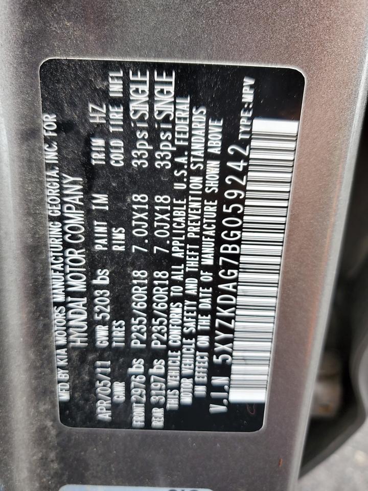 2011 Hyundai Santa Fe Limited VIN: 5XYZKDAG7BG059242 Lot: 62931245
