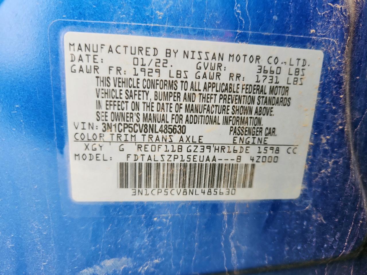 2022 Nissan Kicks Sv VIN: 3N1CP5CV8NL485630 Lot: 63155345