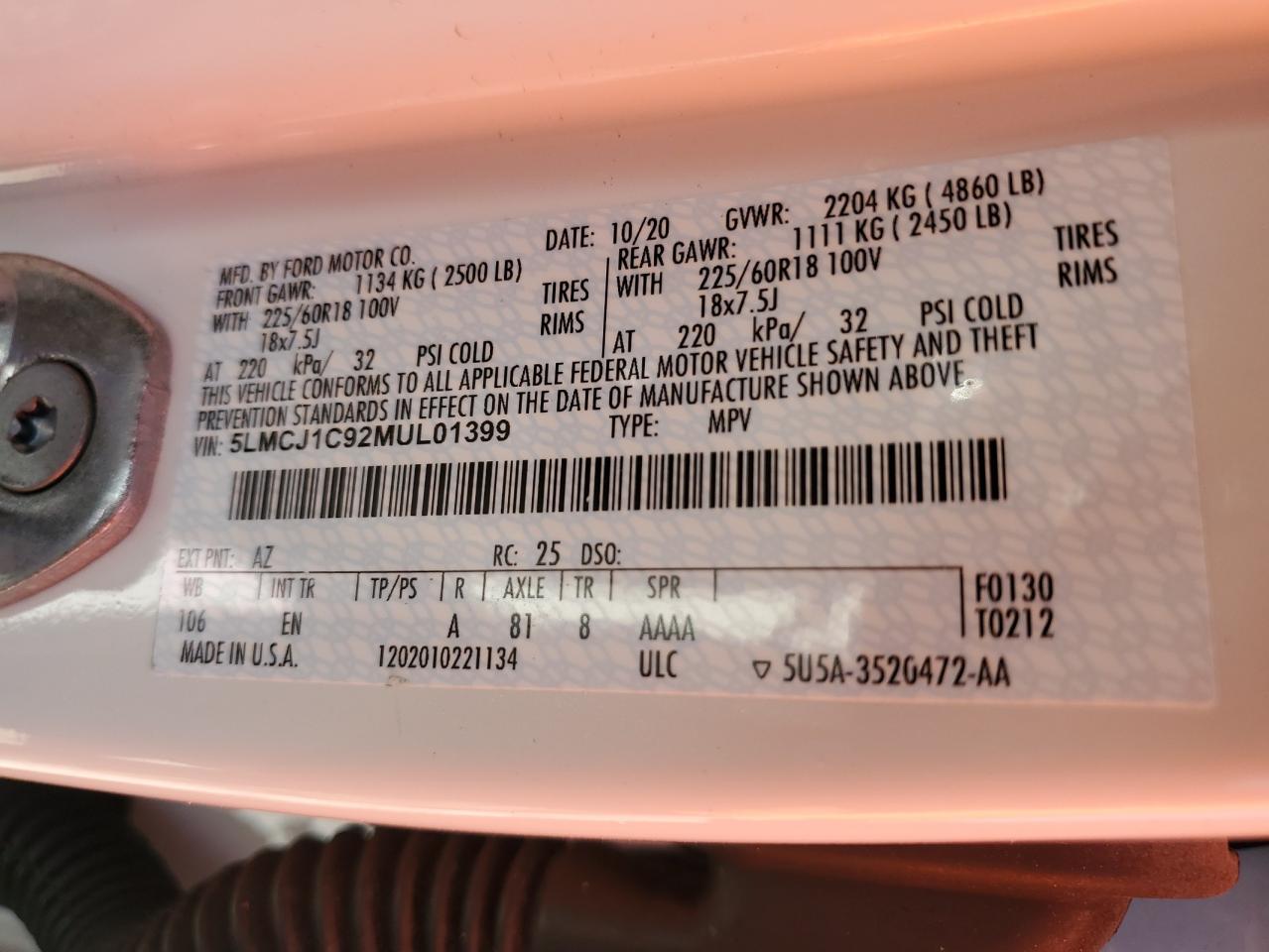 2021 Lincoln Corsair VIN: 5LMCJ1C92MUL01399 Lot: 66343125