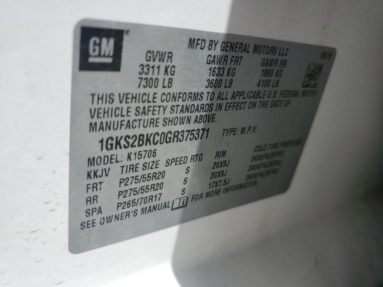 2016 GMC Yukon Slt VIN: 1GKS2BKC0GR375371 Lot: 62423955